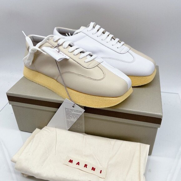 MARNI Split Color Crepe Gat Two-Toned Leather Sneakers Ivory/ White Womens EU 39 - Picture 1 of 16